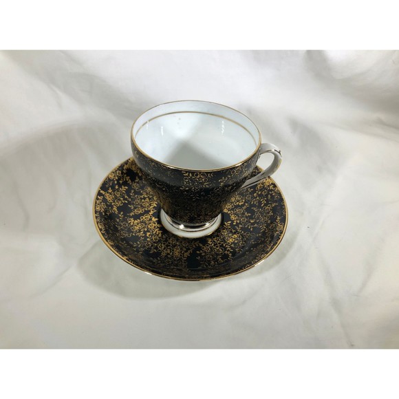 Royal Grafton Bone England Black  Gold Tea Cup & Saucer Set Green Backstamp - Picture 8 of 10
